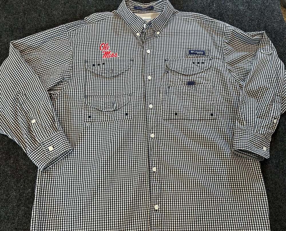 Columbia PFG Super Bonehead Ole Miss Rebels Gingham Long Sleeve Fishing Shirt